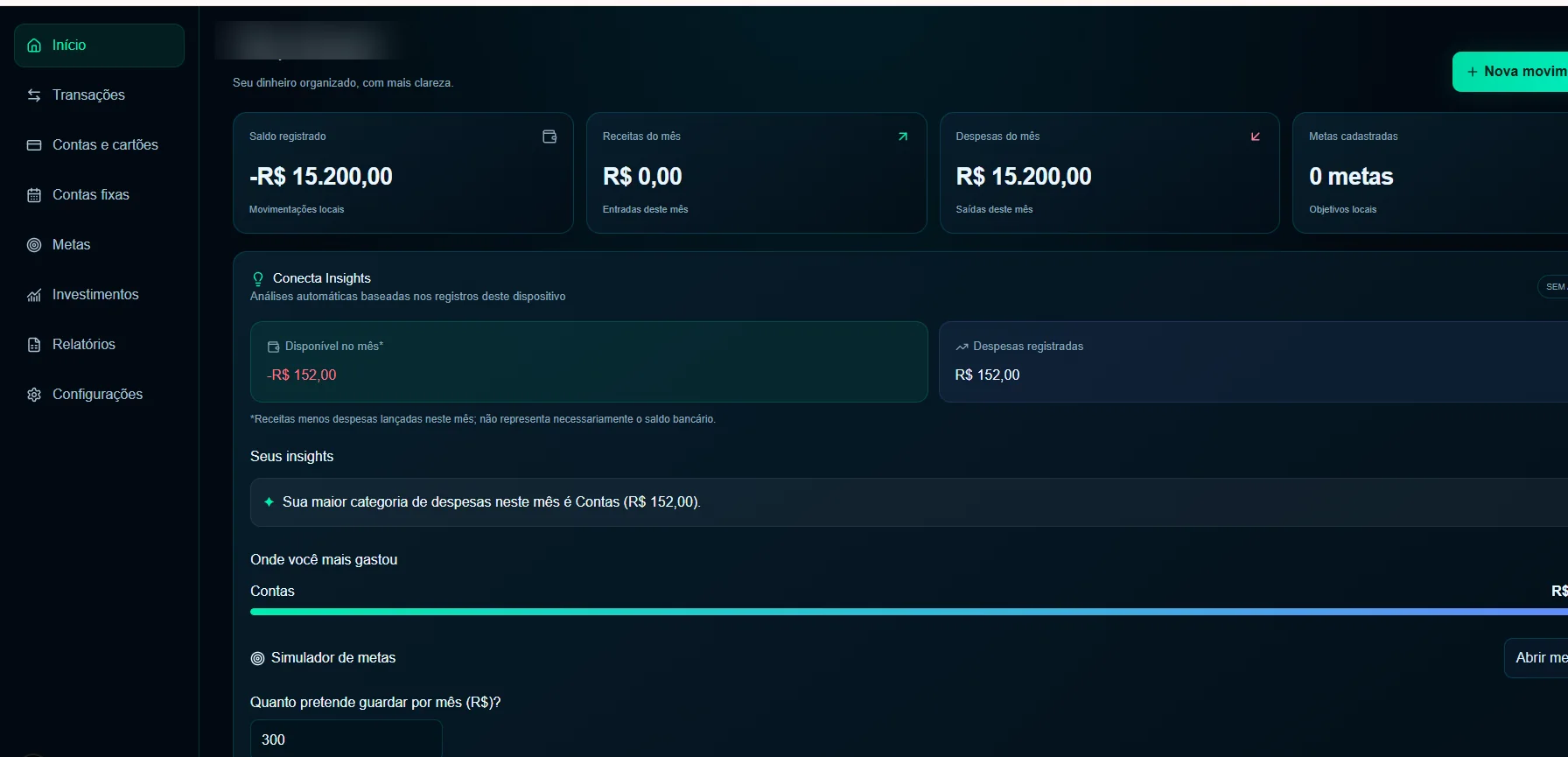 Captura real do dashboard do Conecta, com indicadores financeiros, menu lateral e painel de análises