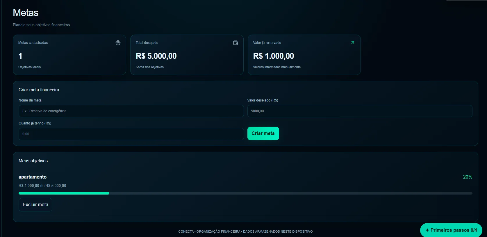 Captura real da tela de metas do Conecta, mostrando objetivo, valor reservado e progresso